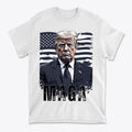 MAGA Flag USA Patriotic Shirt Trump featuring Trump graphic on white t-shirt with American flag background.