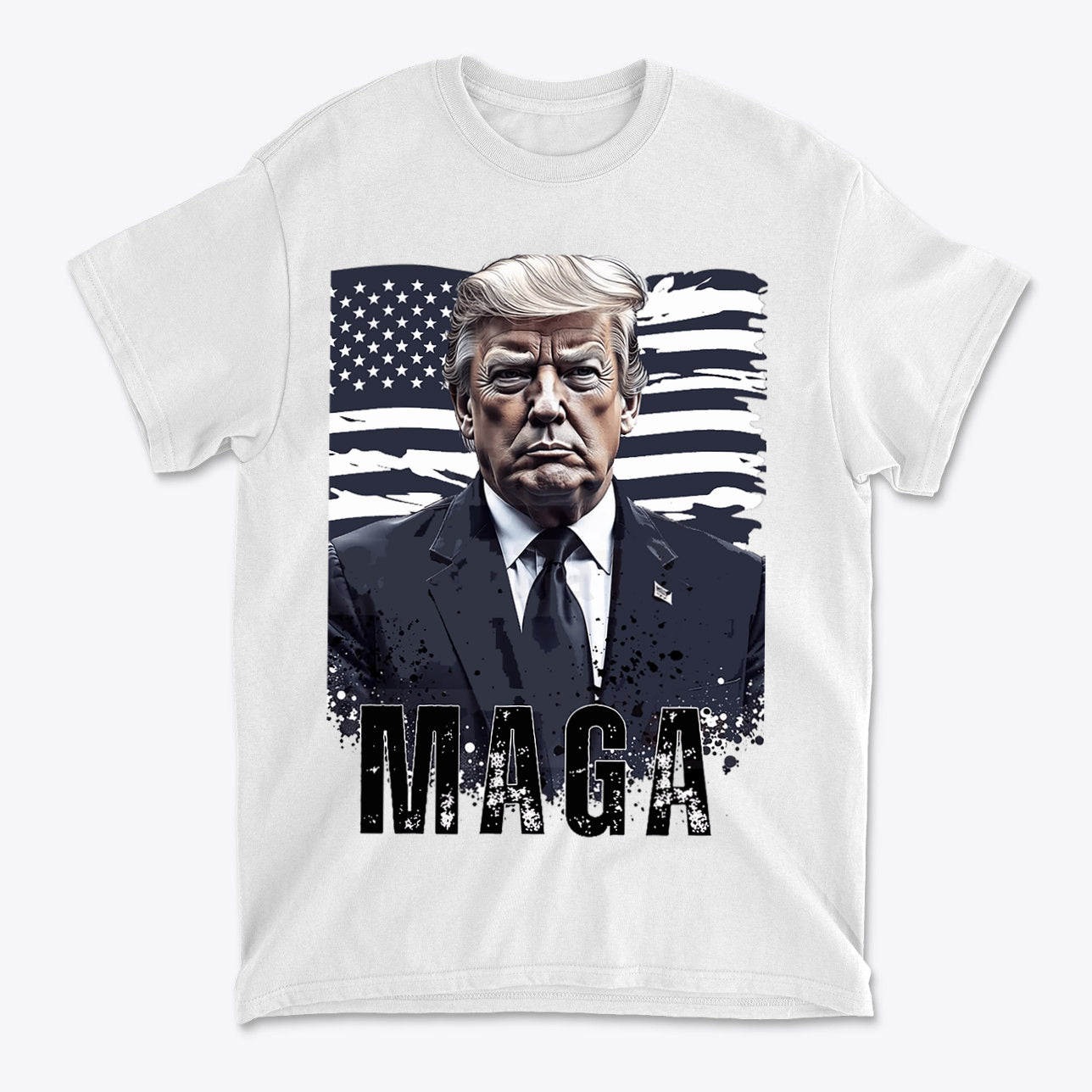 MAGA Flag USA Patriotic Shirt Trump featuring Trump graphic on white t-shirt with American flag background.
