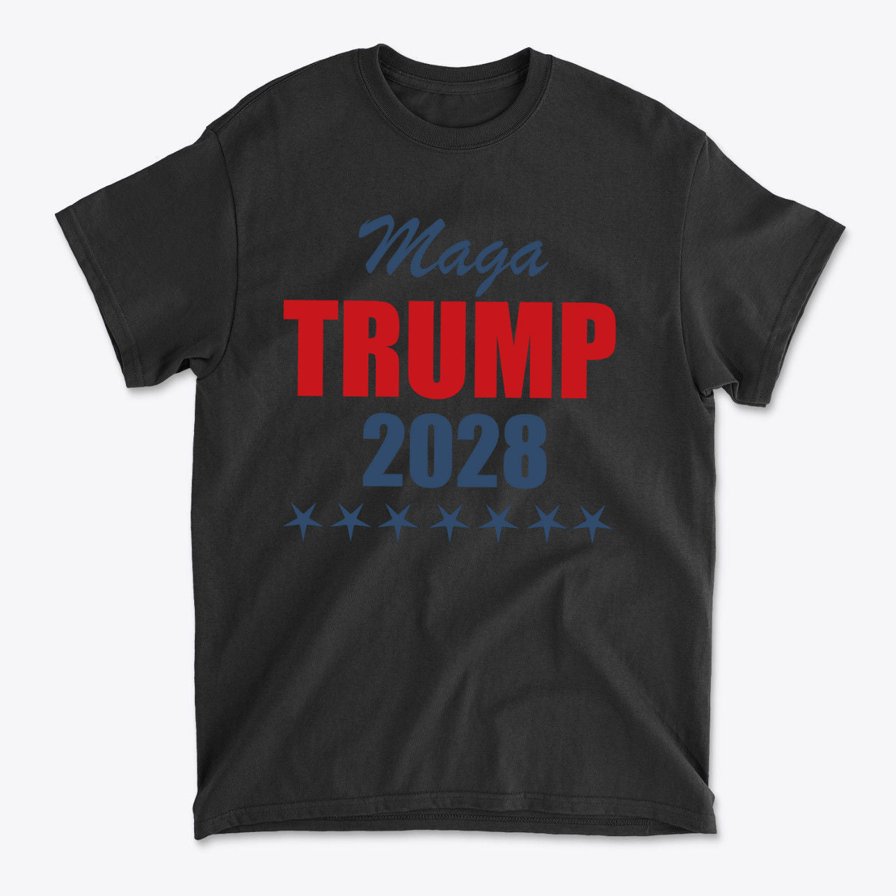 MAGA Trump 2028 Campaign Style black t-shirt featuring bold red and blue lettering.