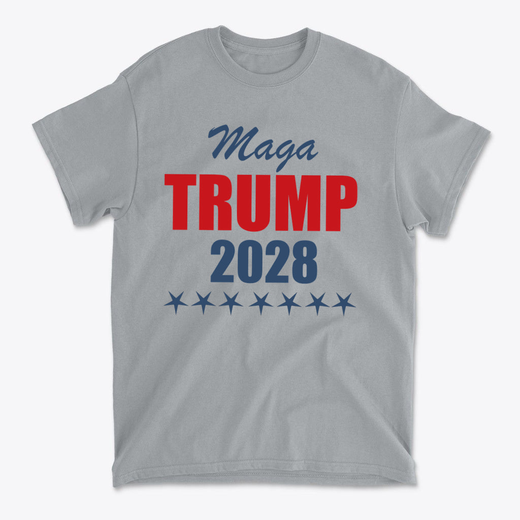 MAGA Trump 2028 Campaign Style gray t-shirt featuring bold red and blue lettering and star motifs.
