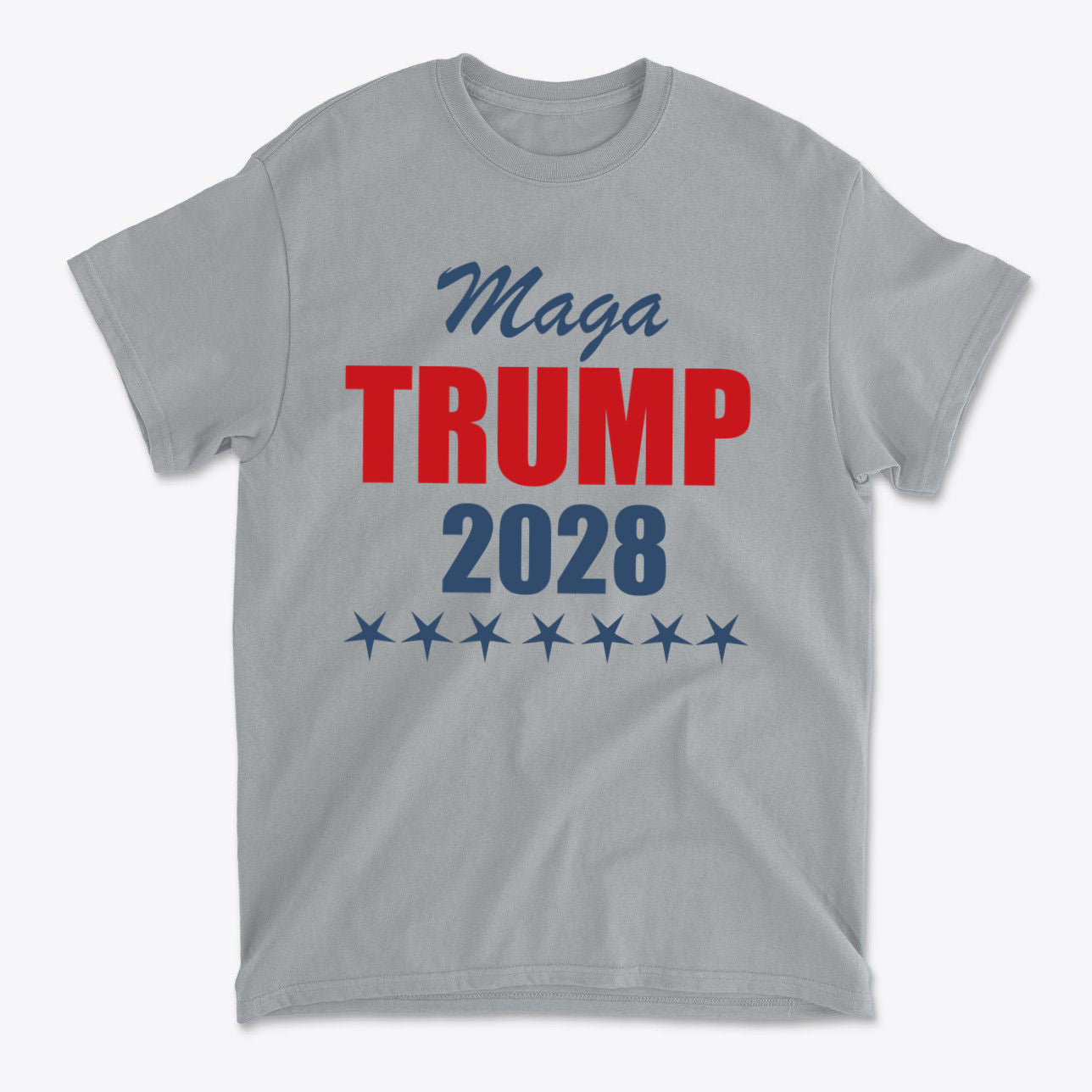 MAGA Trump 2028 Campaign Style gray t-shirt featuring bold red and blue lettering and star motifs.