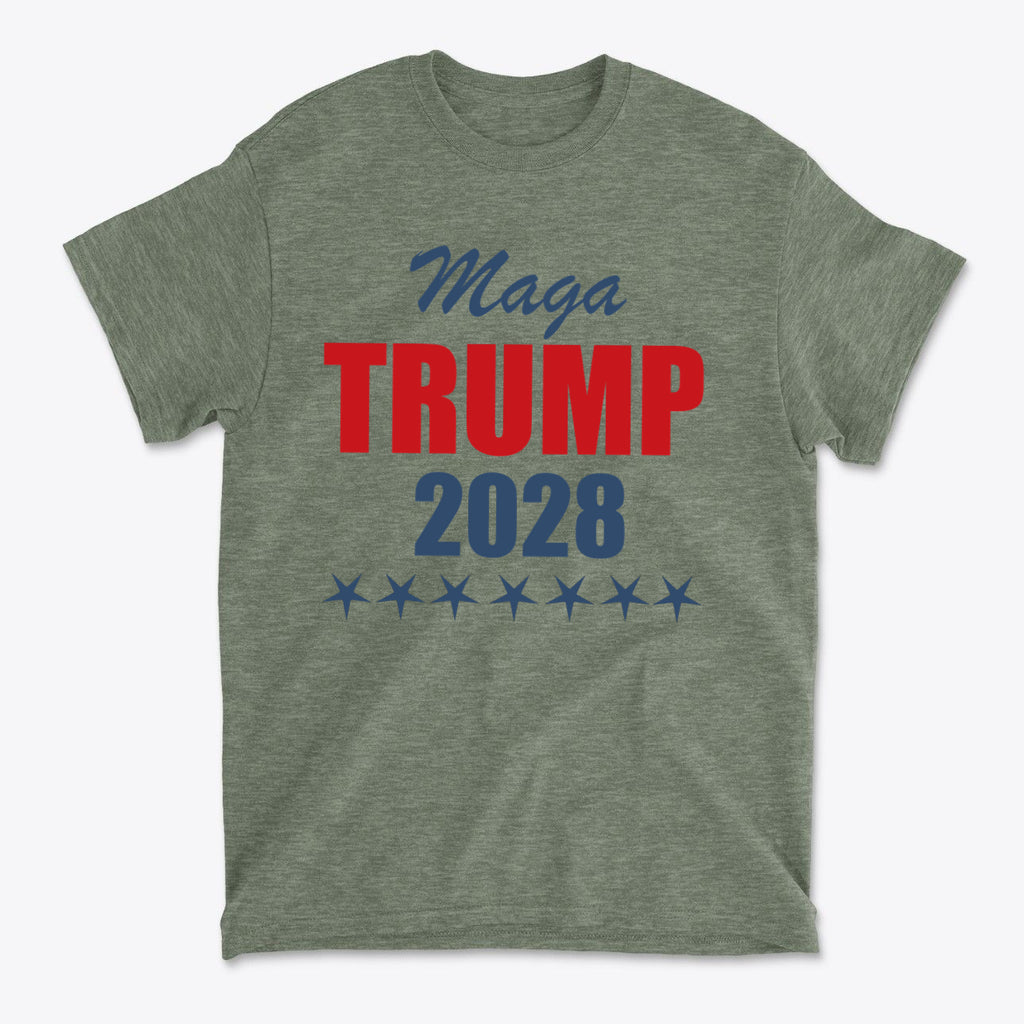 MAGA Trump 2028 Campaign Style graphic t-shirt in olive green with bold red and blue text.