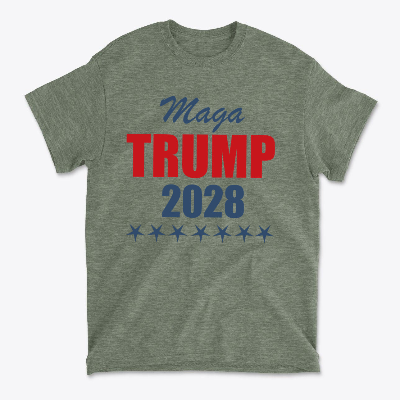 MAGA Trump 2028 Campaign Style graphic t-shirt in olive green with bold red and blue text.