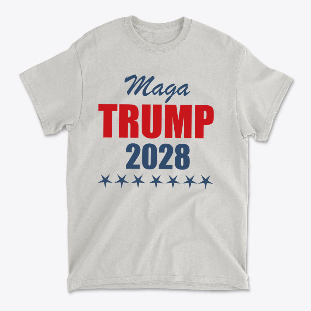 MAGA Trump 2028 Campaign Style t-shirt in light color featuring bold red and blue text.