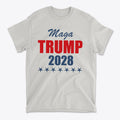 MAGA Trump 2028 Campaign Style t-shirt in light color featuring bold red and blue text.