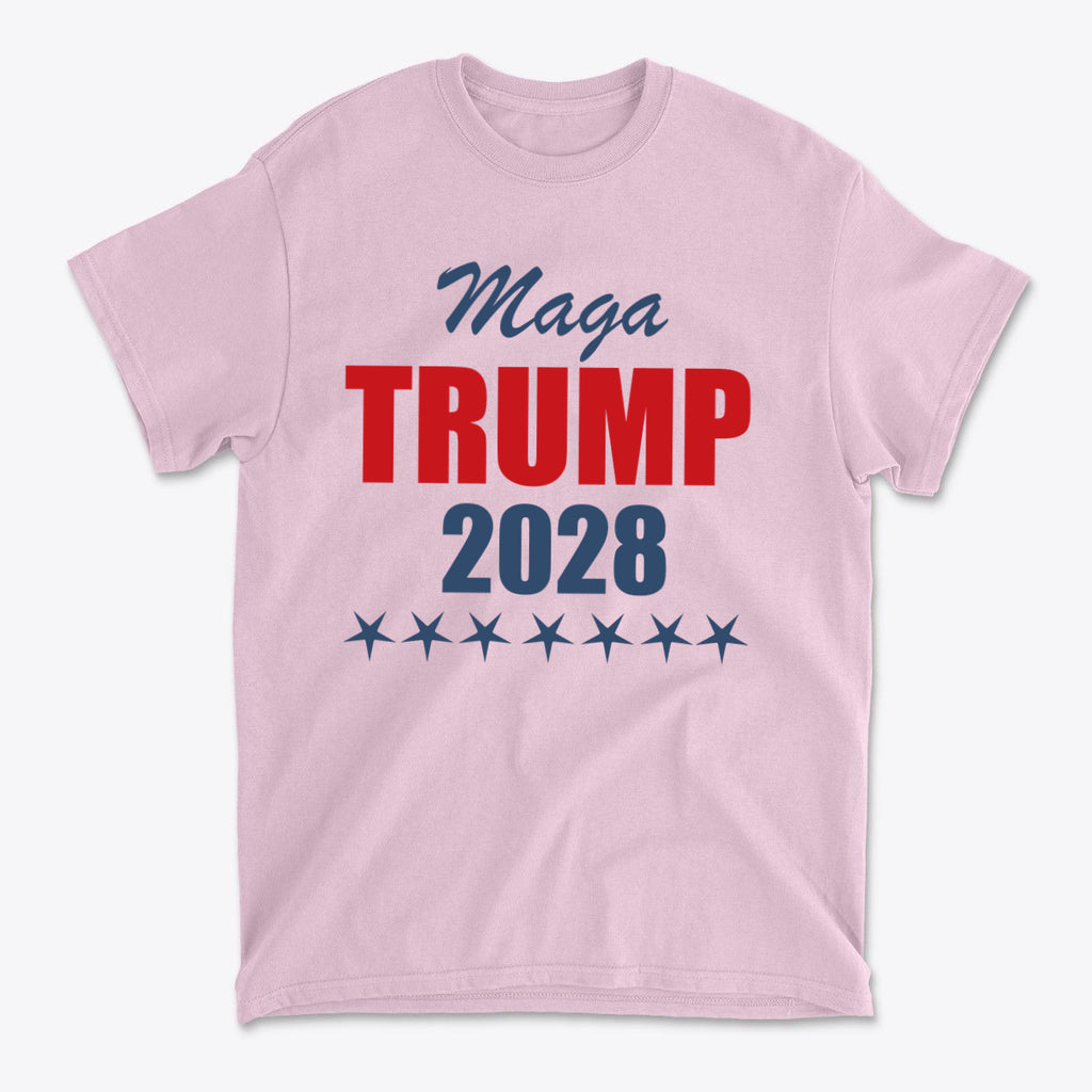MAGA Trump 2028 Campaign Style pink t-shirt featuring bold graphics and star design