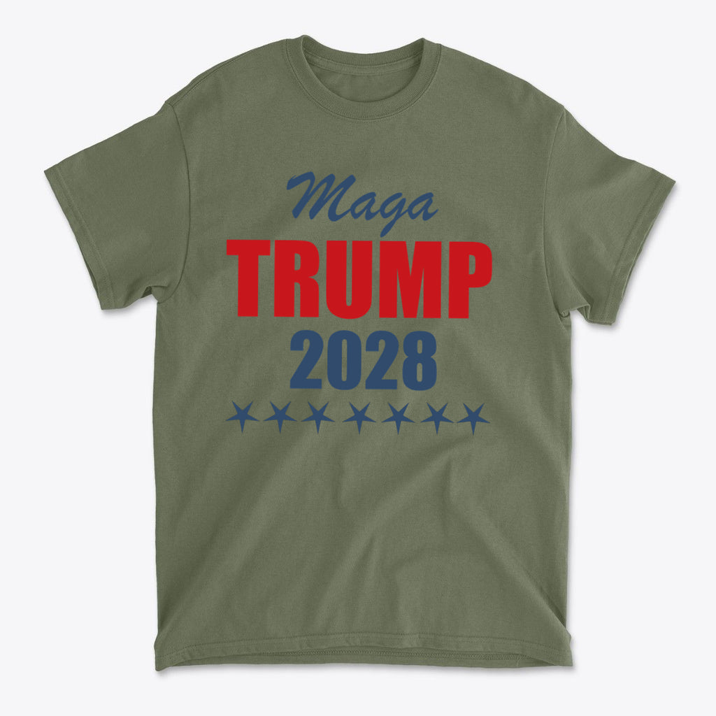MAGA Trump 2028 Campaign Style olive green t-shirt featuring bold red and blue text with stars.