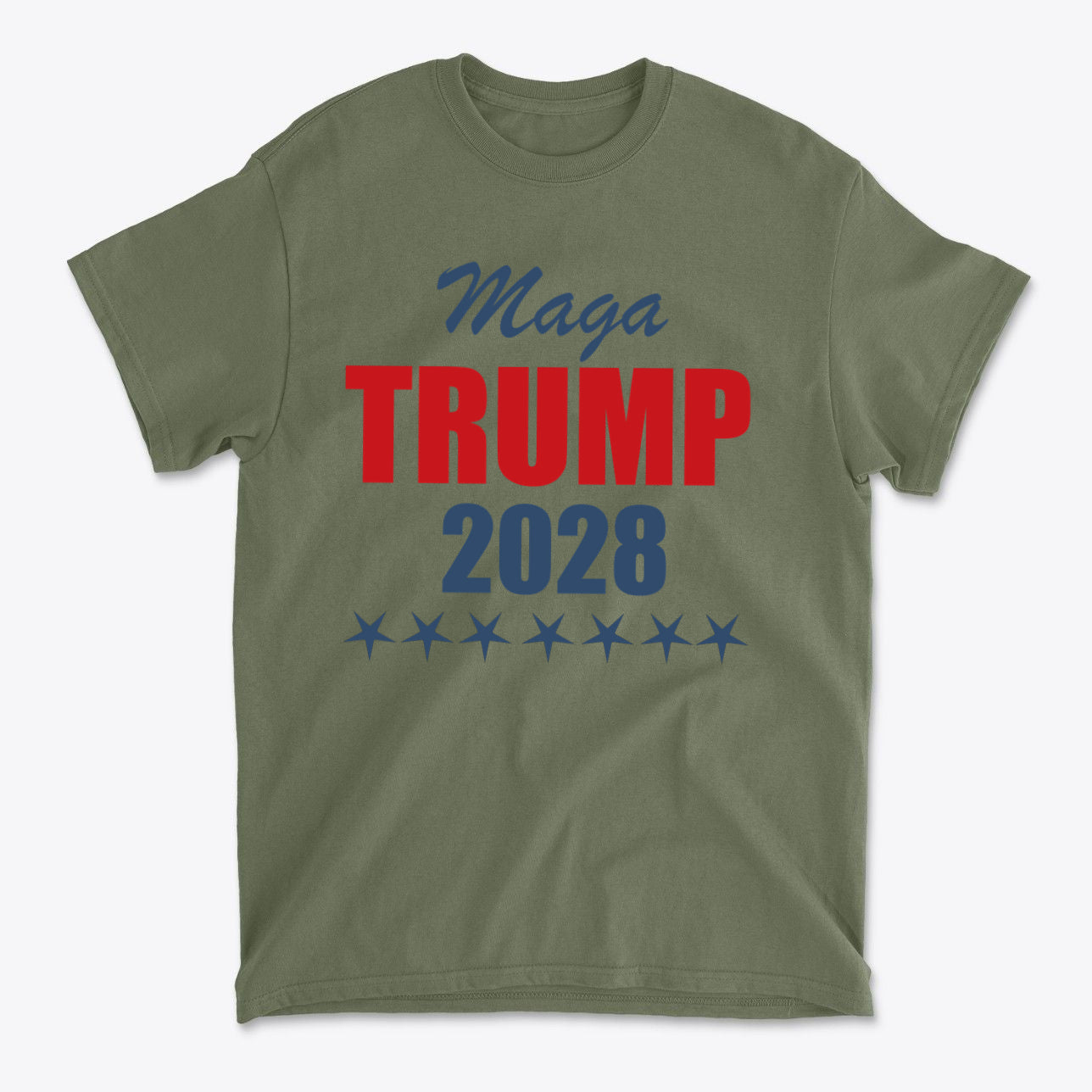 MAGA Trump 2028 Campaign Style olive green t-shirt featuring bold red and blue text with stars.