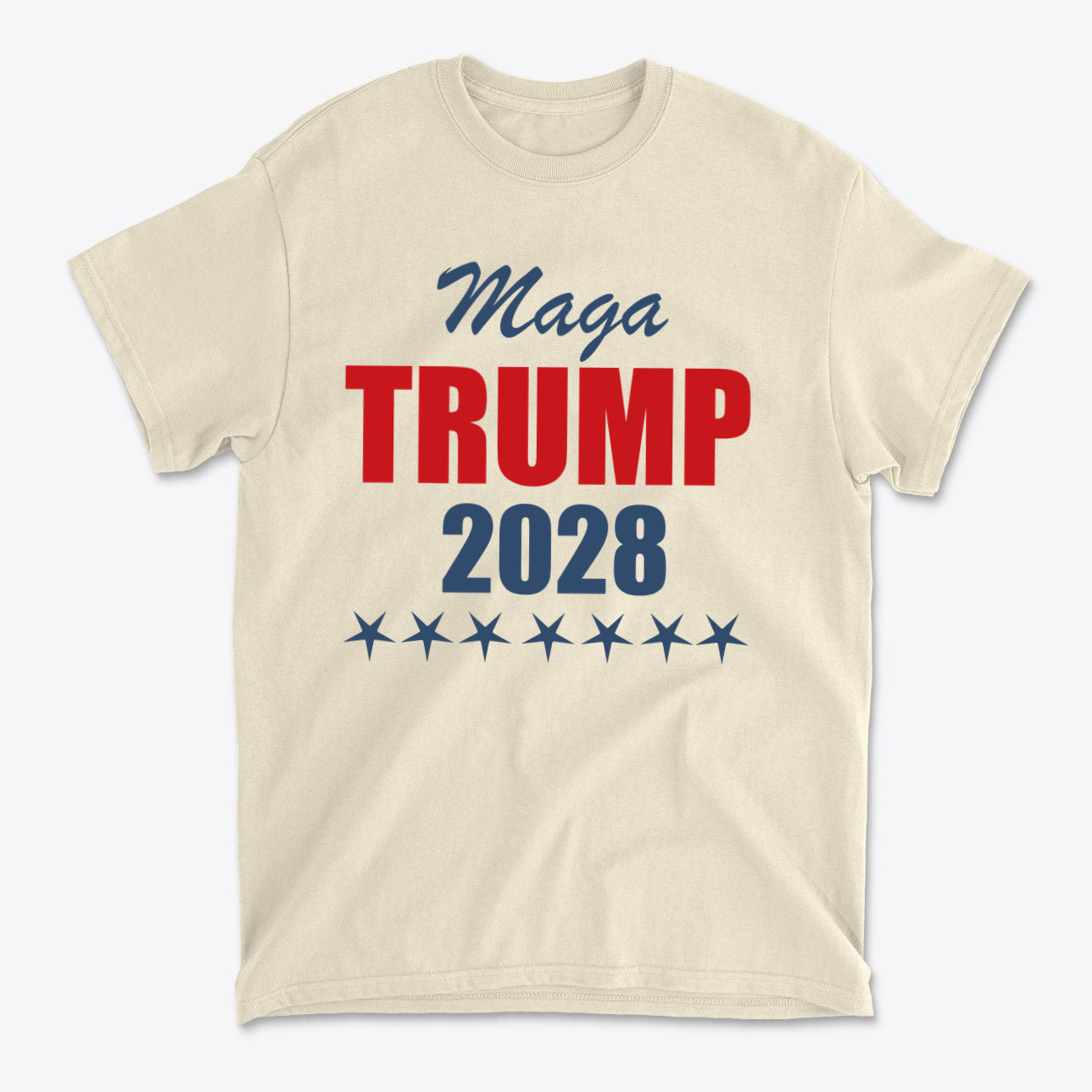 MAGA Trump 2028 Campaign Style T-shirt featuring bold red and blue lettering with star graphics.