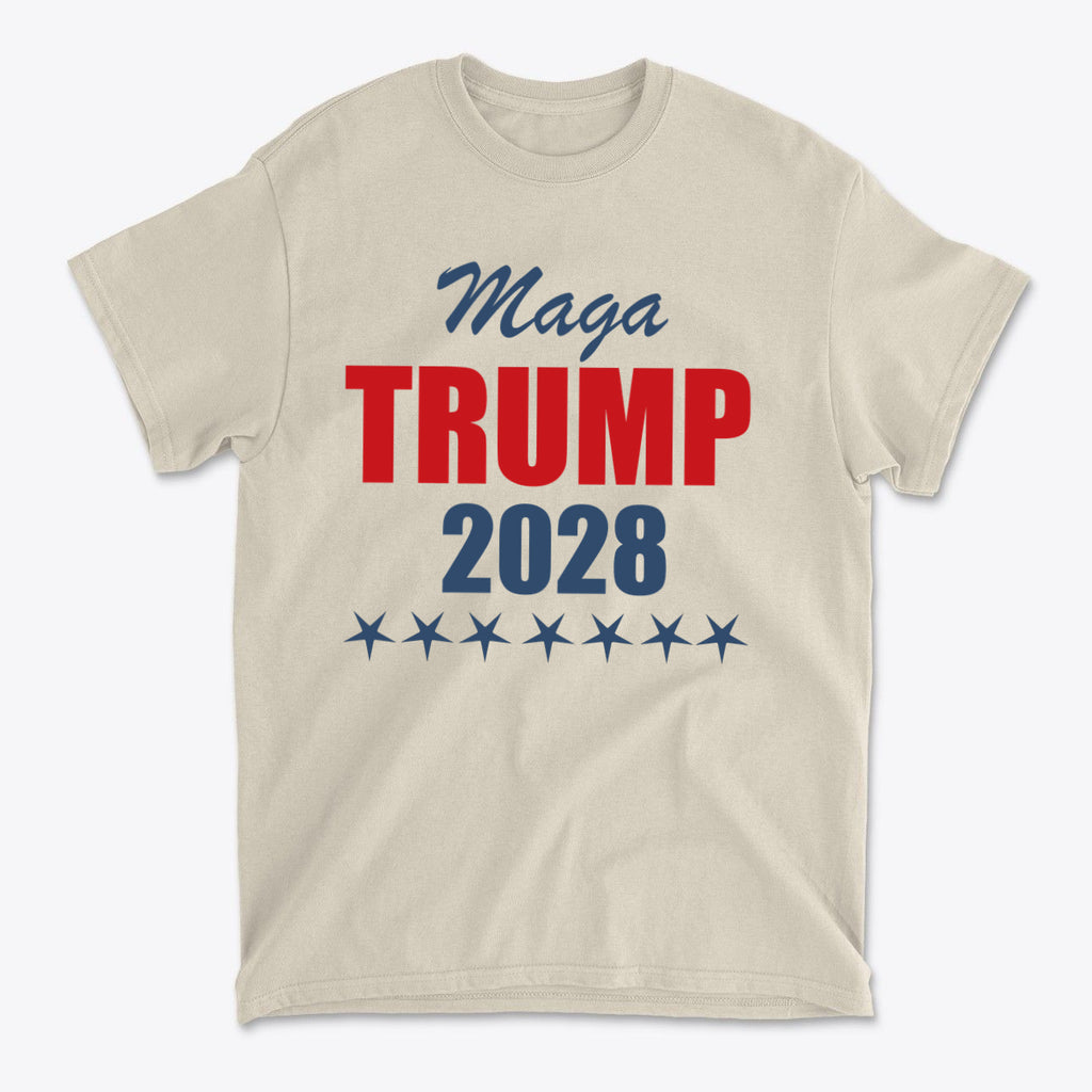 MAGA Trump 2028 Campaign Style beige t-shirt featuring bold red and blue text.