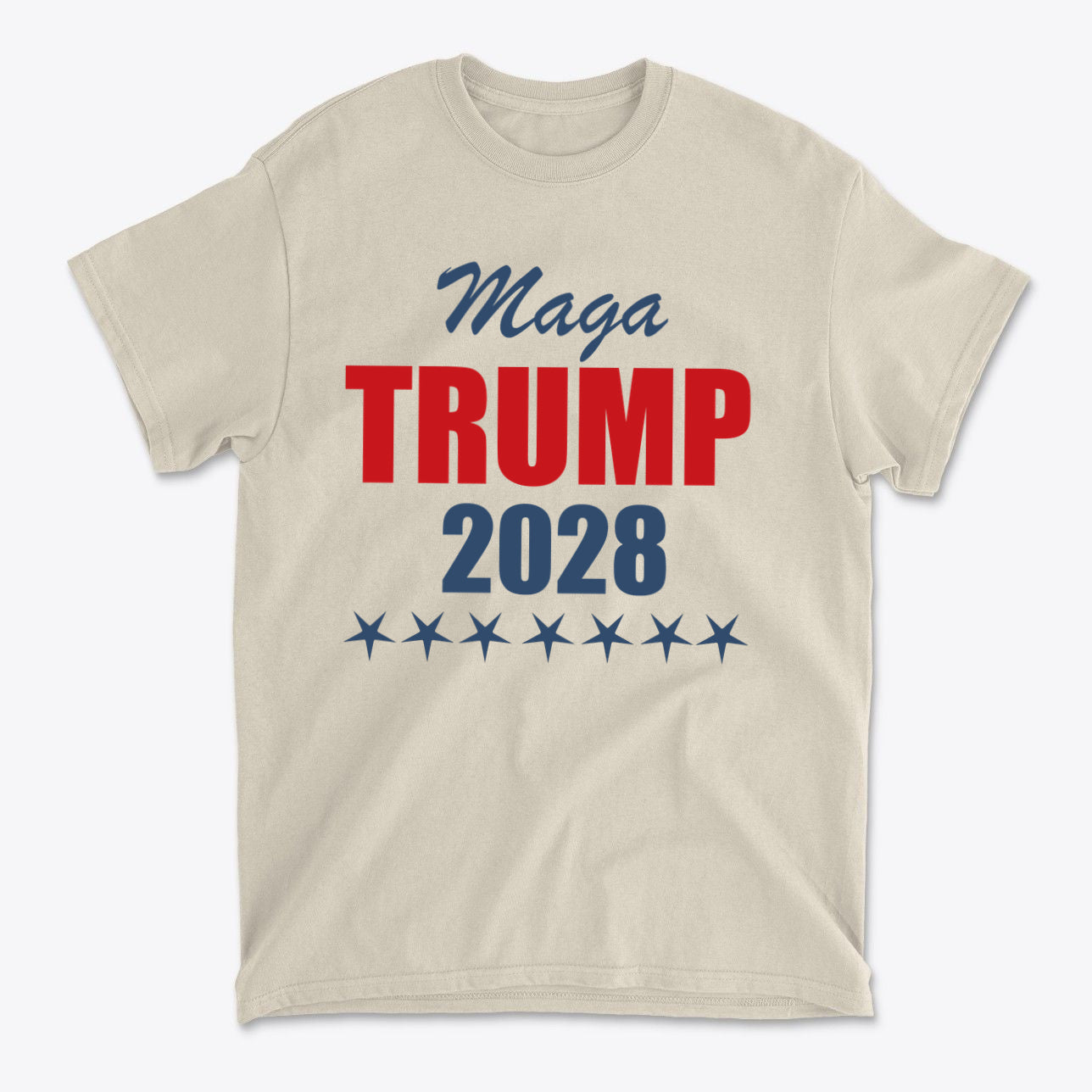 MAGA Trump 2028 Campaign Style beige t-shirt featuring bold red and blue text.
