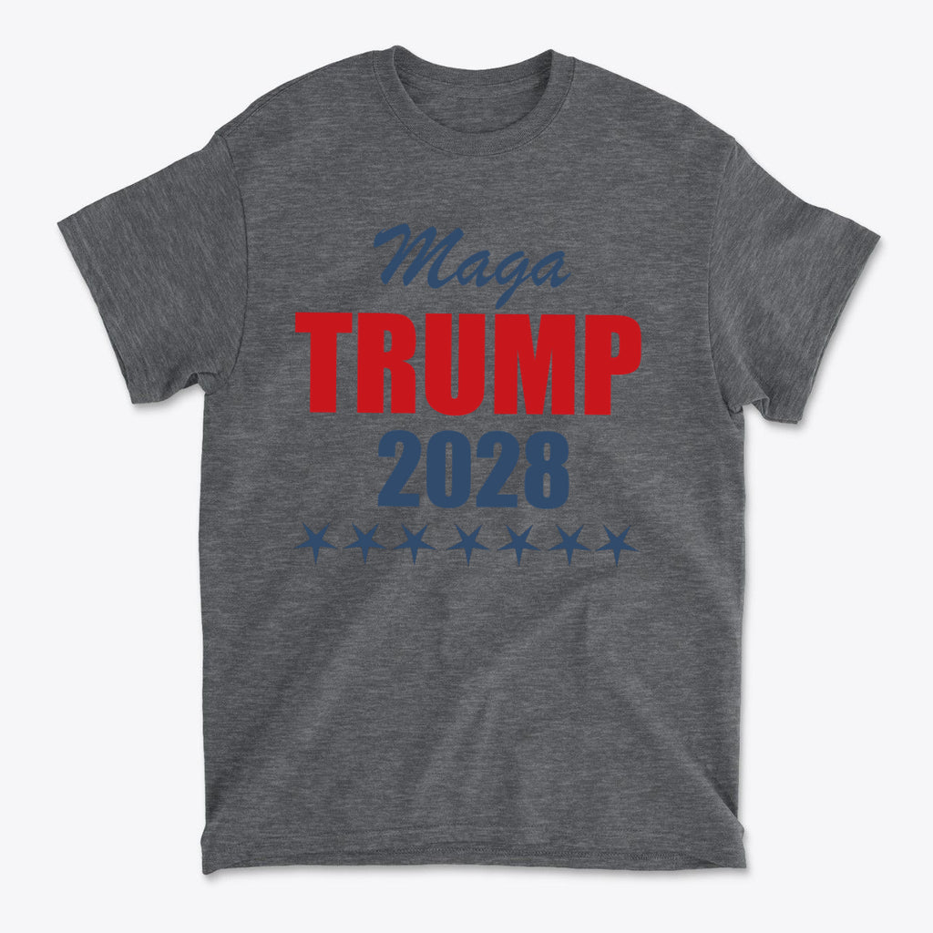 MAGA Trump 2028 Campaign Style gray t-shirt with bold red and blue lettering.