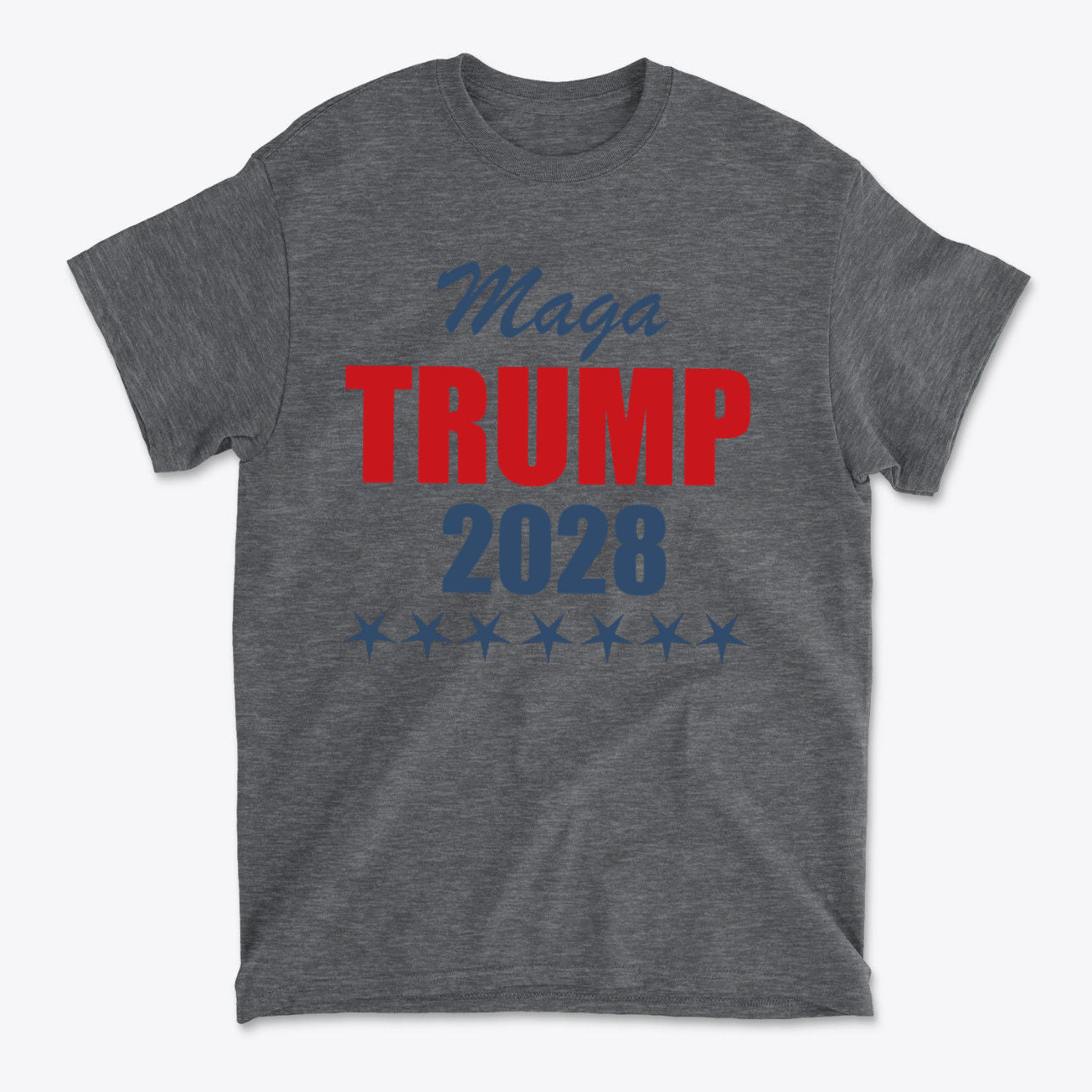MAGA Trump 2028 Campaign Style gray t-shirt with bold red and blue lettering.
