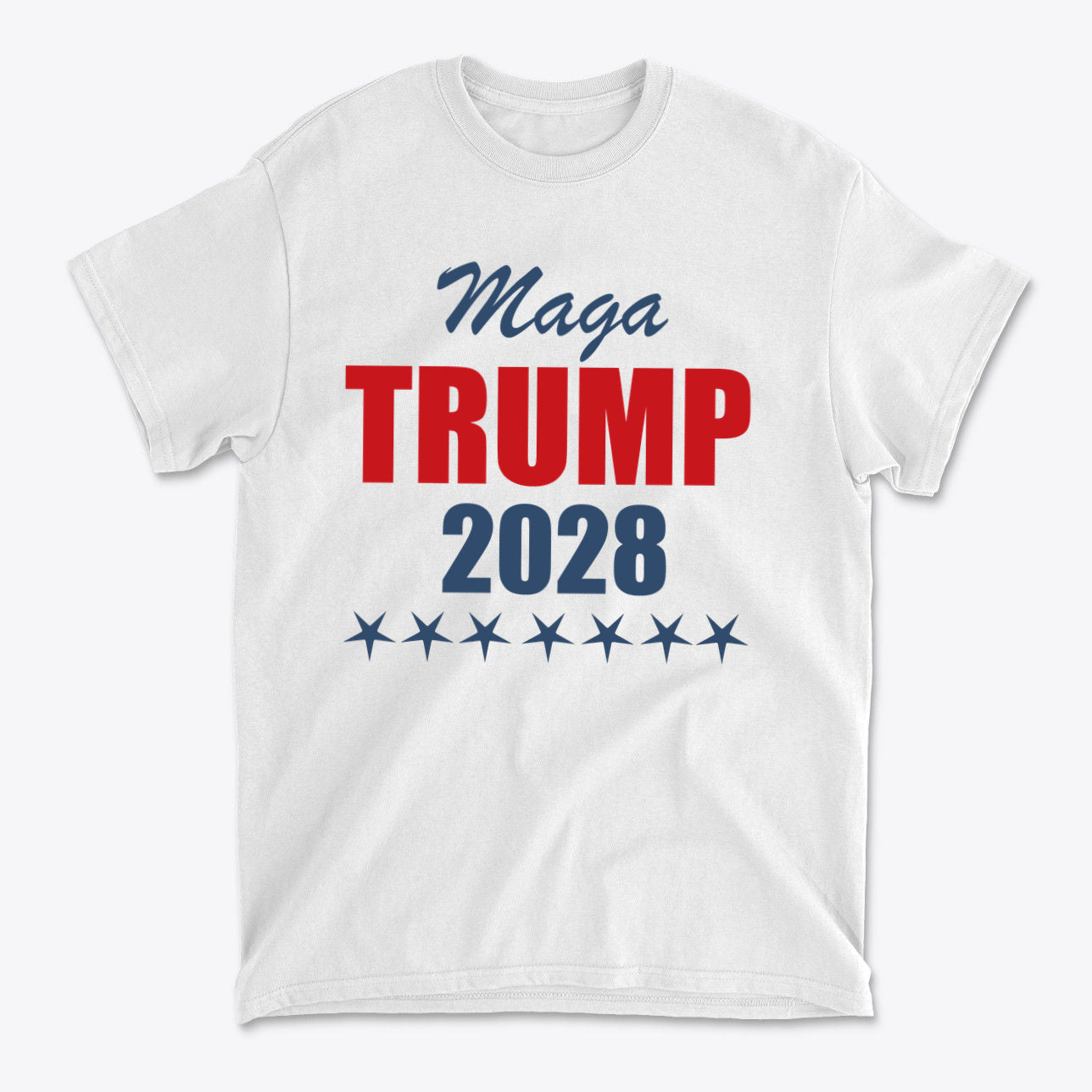 MAGA Trump 2028 Campaign Style white t-shirt showcasing bold red and blue text.