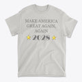 Make America Great Again Again T Shirt showcasing a bold national slogan with stars and 2028 design on a light background.