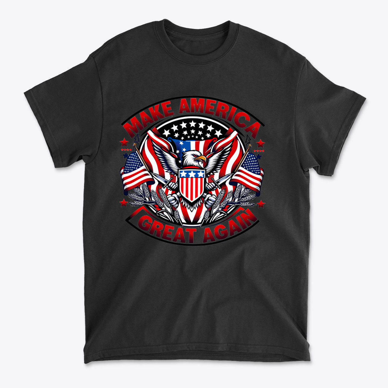 Make America Great Again On Eagle T-shirt featuring patriotic eagle and American flags design.