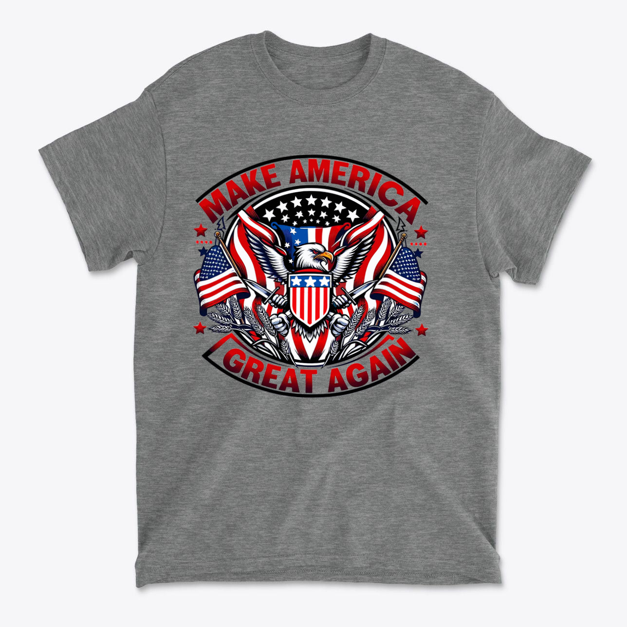 Make America Great Again On Eagle graphic t-shirt with eagle and American flags design.