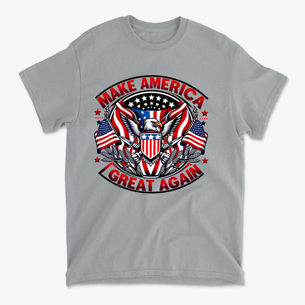 Make America Great Again On Eagle t-shirt featuring an eagle design with American flags.