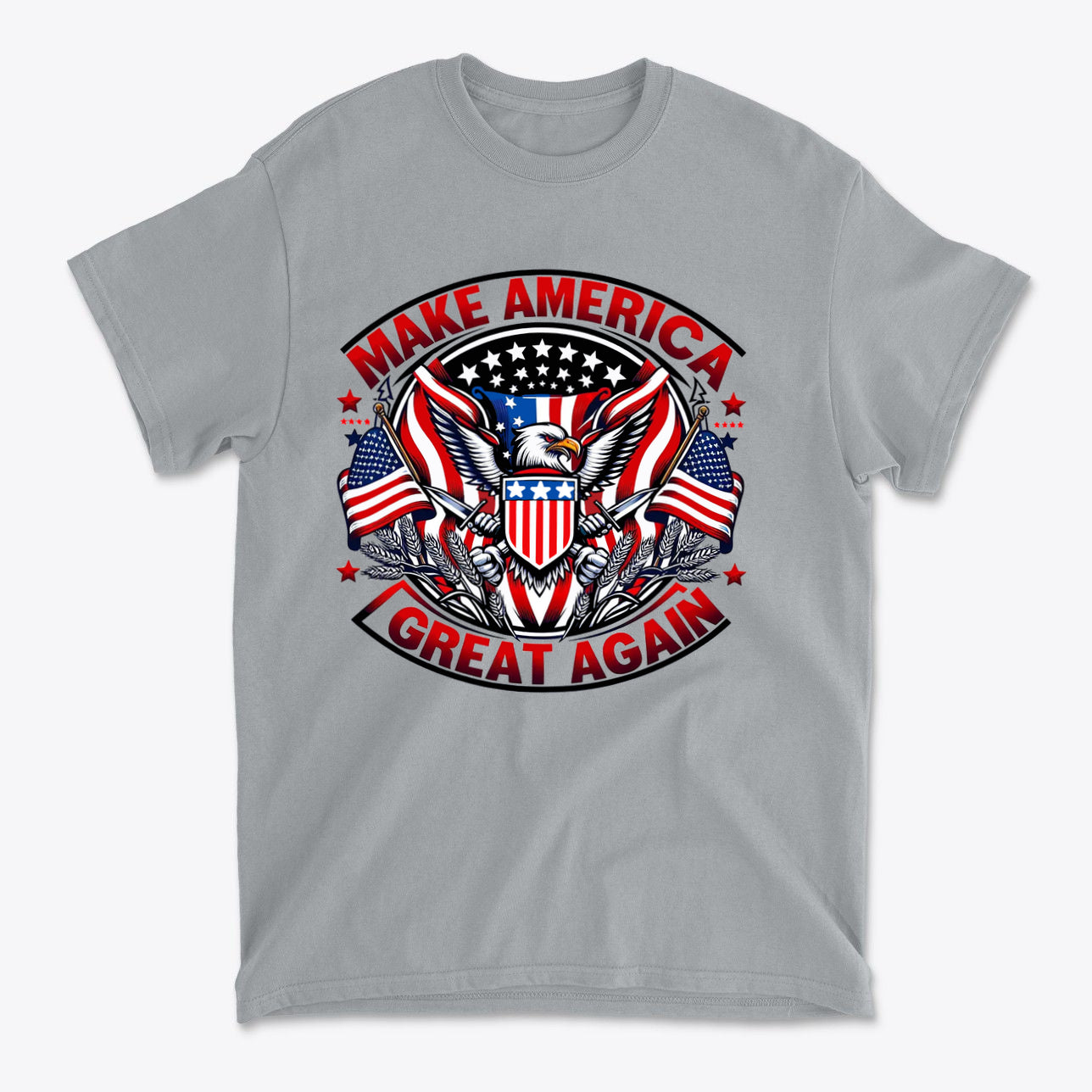 Make America Great Again On Eagle t-shirt featuring an eagle design with American flags.