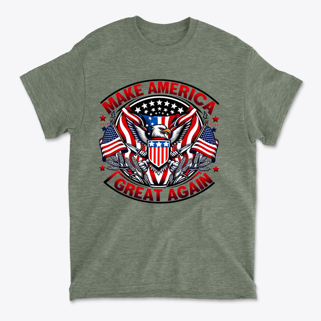 Make America Great Again On Eagle graphic t-shirt featuring eagle and American flags in a bold design.