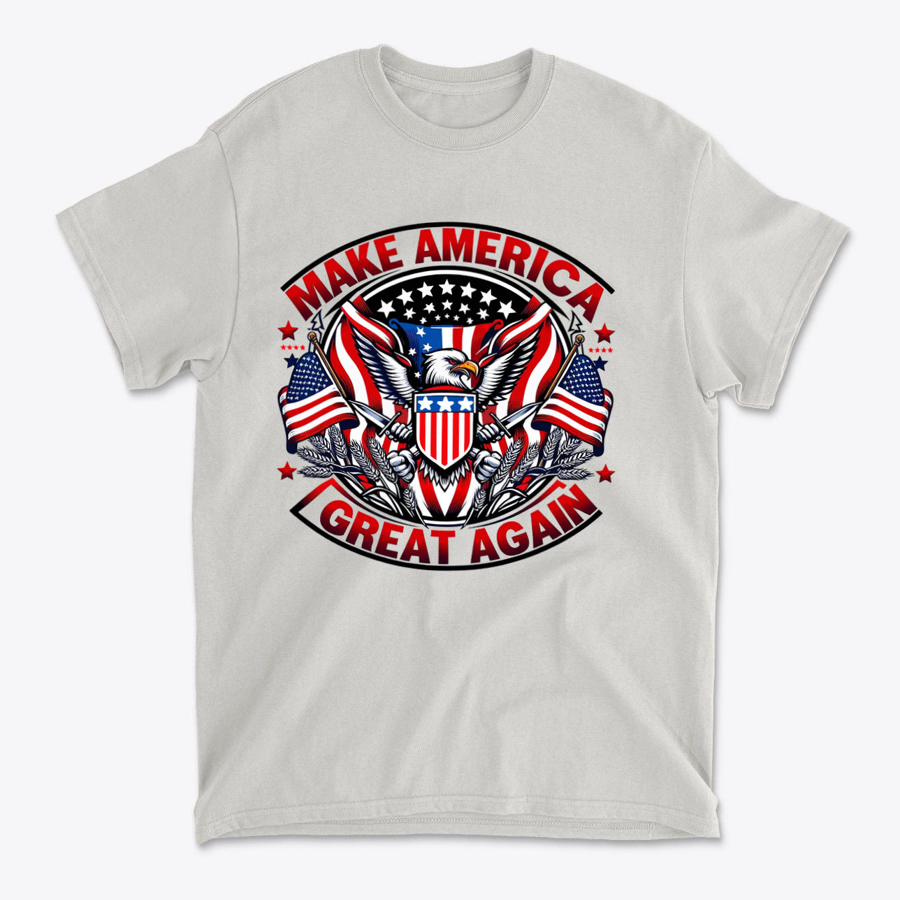 Make America Great Again On Eagle graphic t-shirt featuring eagle, flags, and patriotic design.