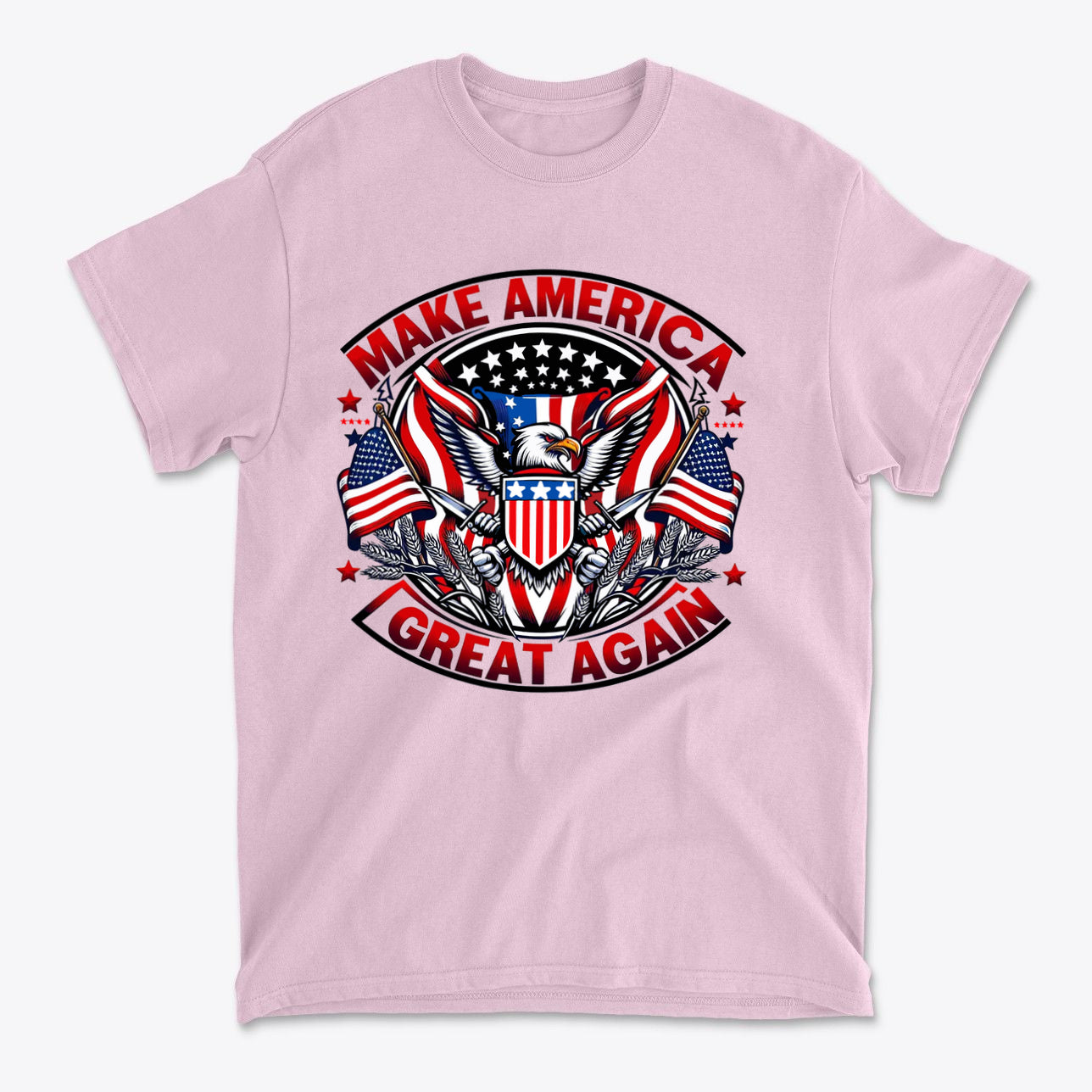 Make America Great Again On Eagle graphic t-shirt with patriotic eagle and flags design