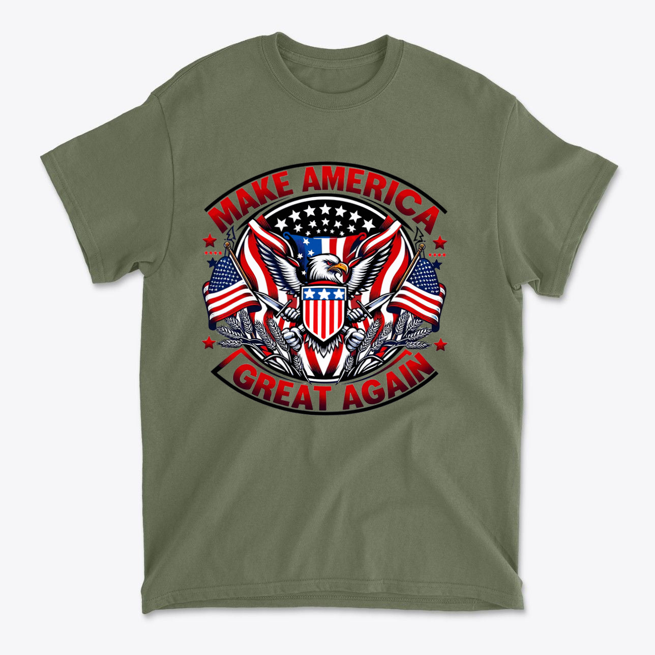 Make America Great Again On Eagle graphic t-shirt featuring an eagle and American flags.