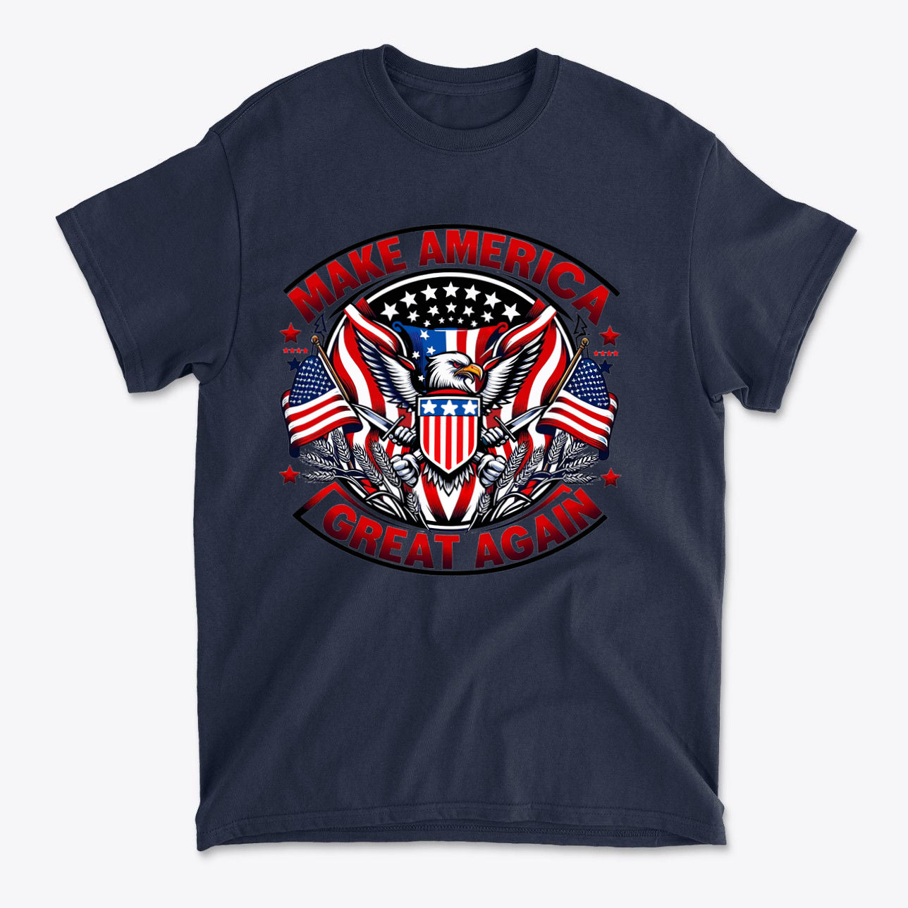 Make America Great Again On Eagle graphic tee featuring eagle and flags, perfect for patriotic supporters.