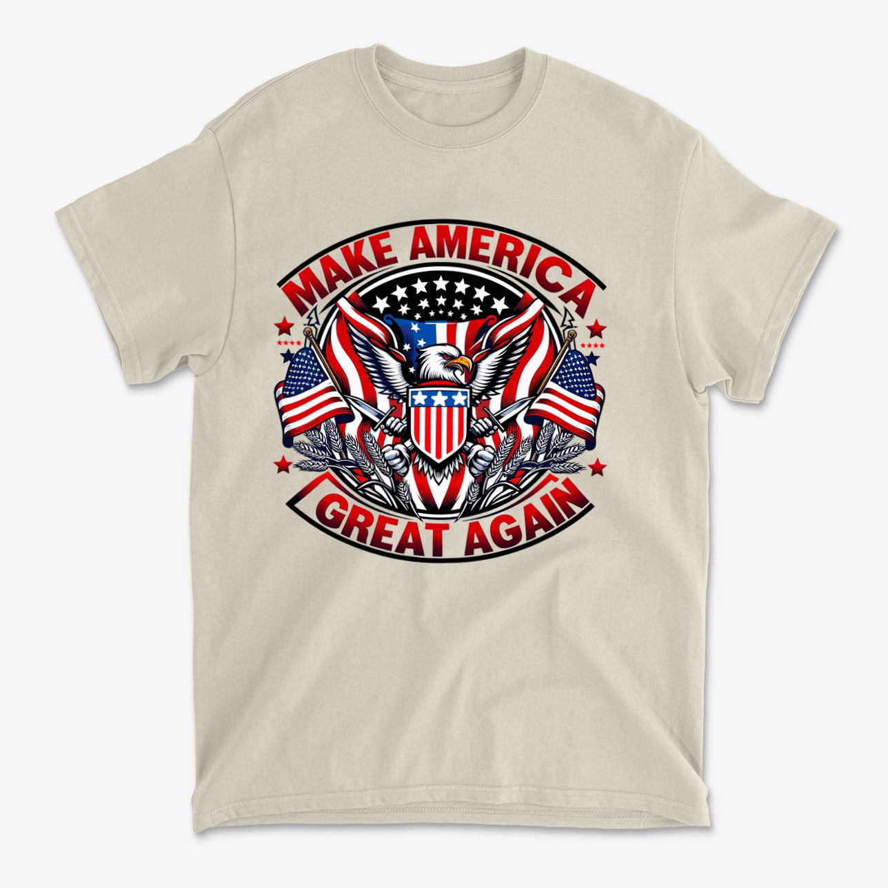 Make America Great Again On Eagle graphic t-shirt featuring eagle and American flags.