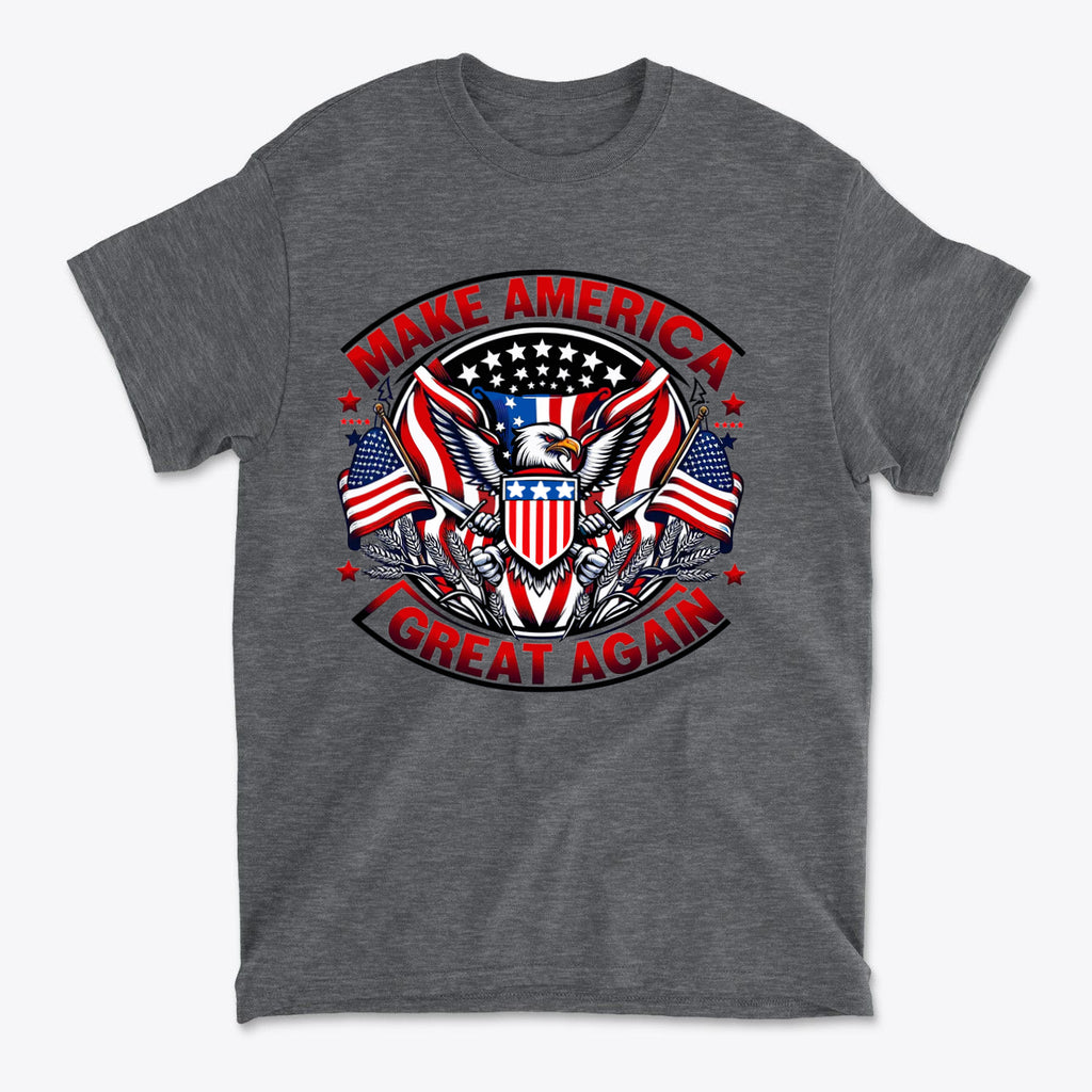 Make America Great Again On Eagle graphic t-shirt featuring patriotic eagle and American flags design.