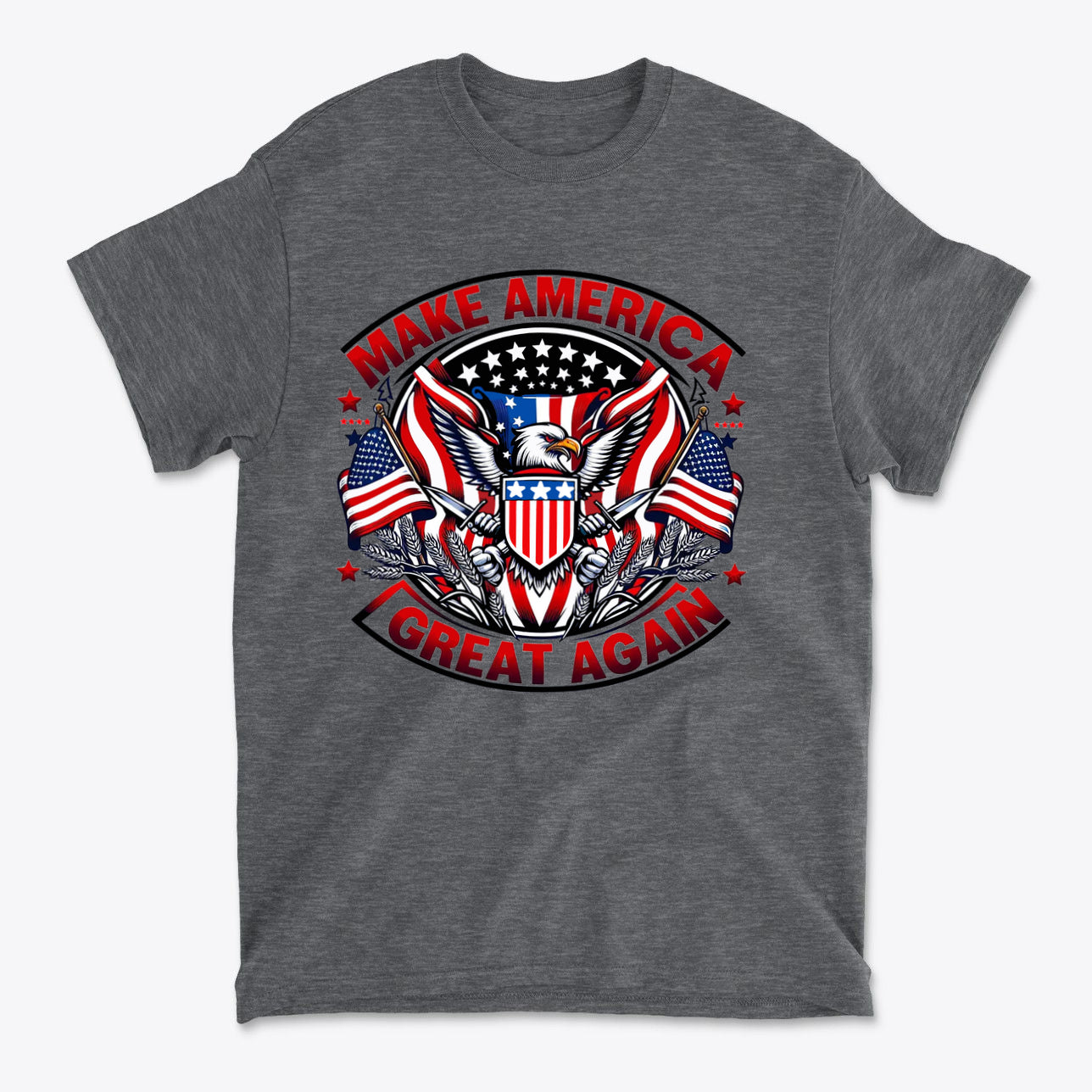 Make America Great Again On Eagle graphic t-shirt featuring patriotic eagle and American flags design.