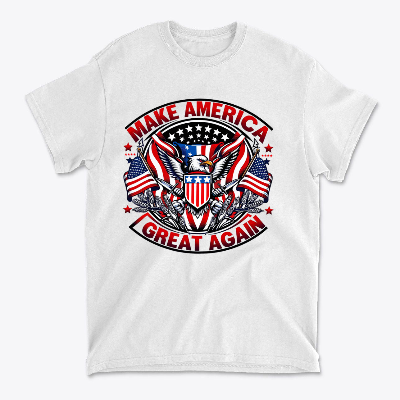 Make America Great Again On Eagle design featuring an eagle, stars, and American flags on a white t-shirt.