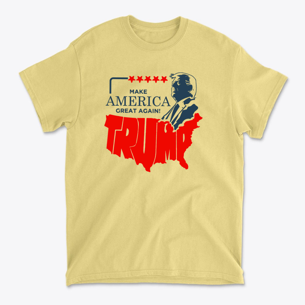 Make America Great Again Trump Letters as USA apparel featuring a graphic of Trump with patriotic colors.