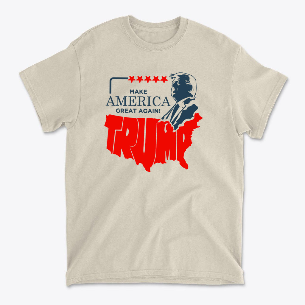 Make America Great Again Trump Letters as USA design on beige t-shirt featuring Donald Trump's silhouette.