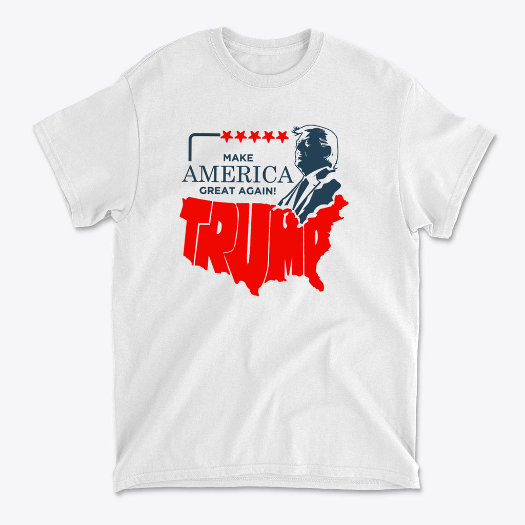 Make America Great Again Trump Letters as USA white t-shirt featuring bold red and blue graphic design.