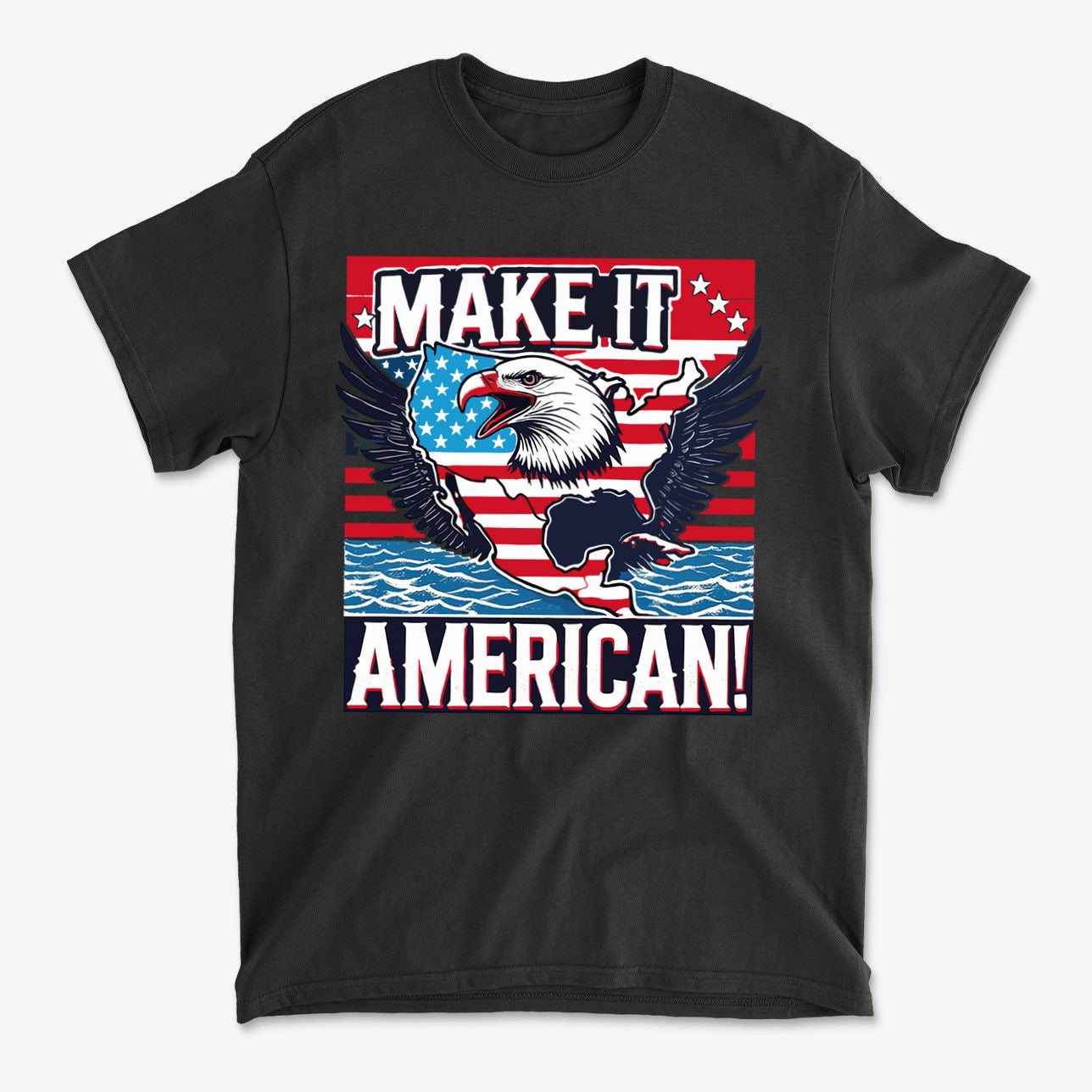 Make It American American Pride Shirt featuring an eagle and American flag design on a black tee.