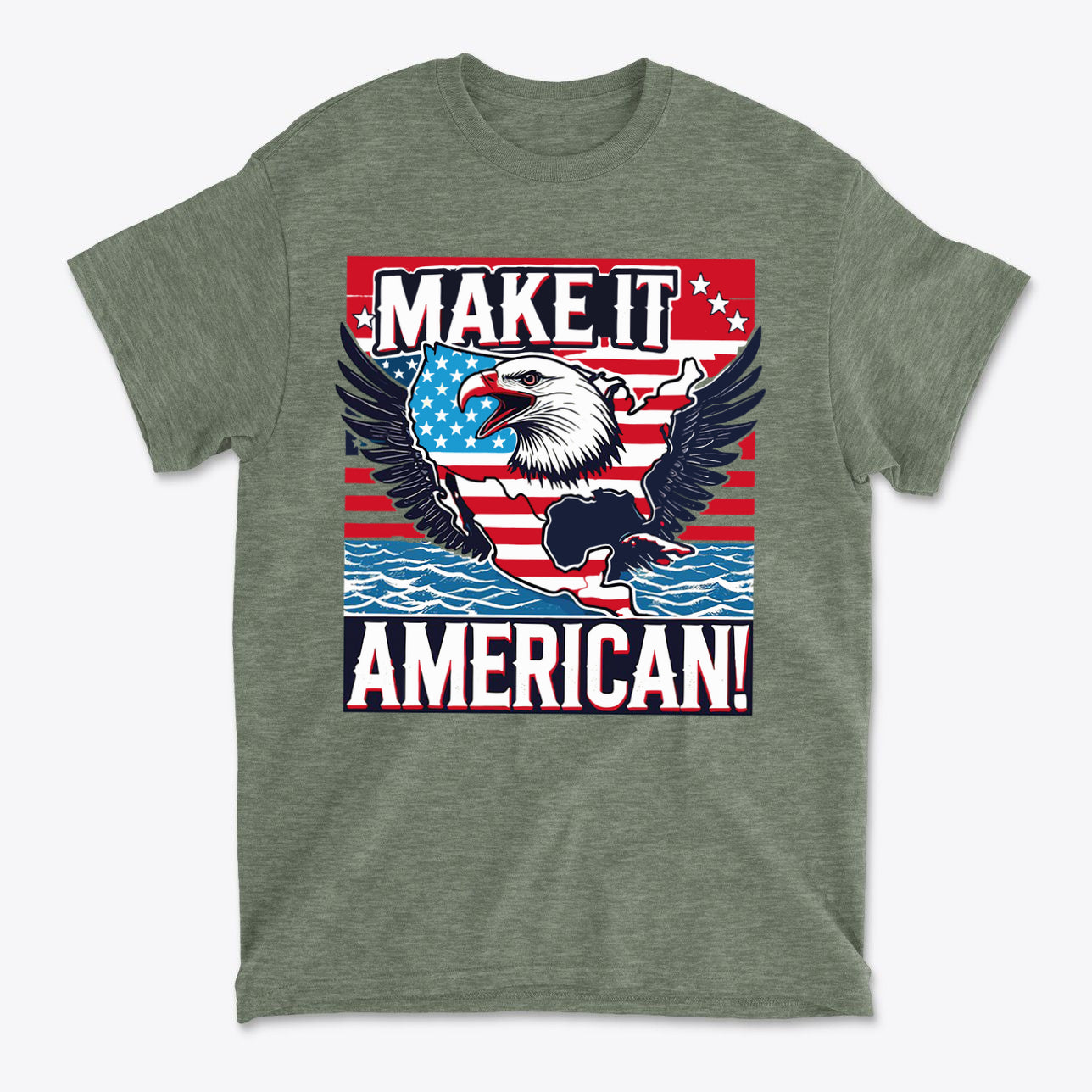 Make It American American Pride Shirt featuring an eagle, stars, and stripes on a green shirt design.