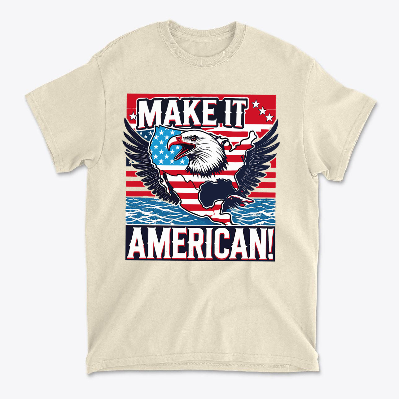 Make It American American Pride Shirt featuring an eagle with patriotic American flag design on a beige t-shirt.