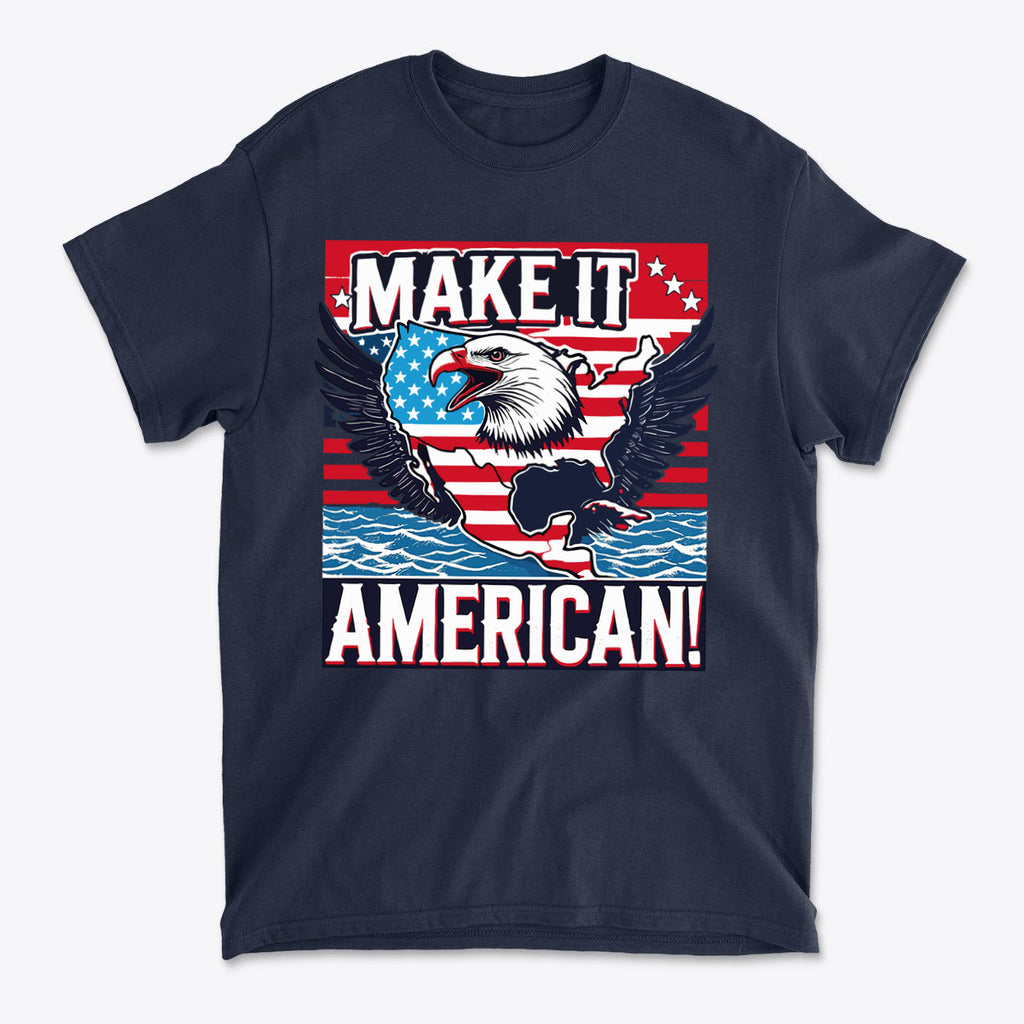 Make It American American Pride Shirt featuring an eagle with American flag design on a navy t-shirt.