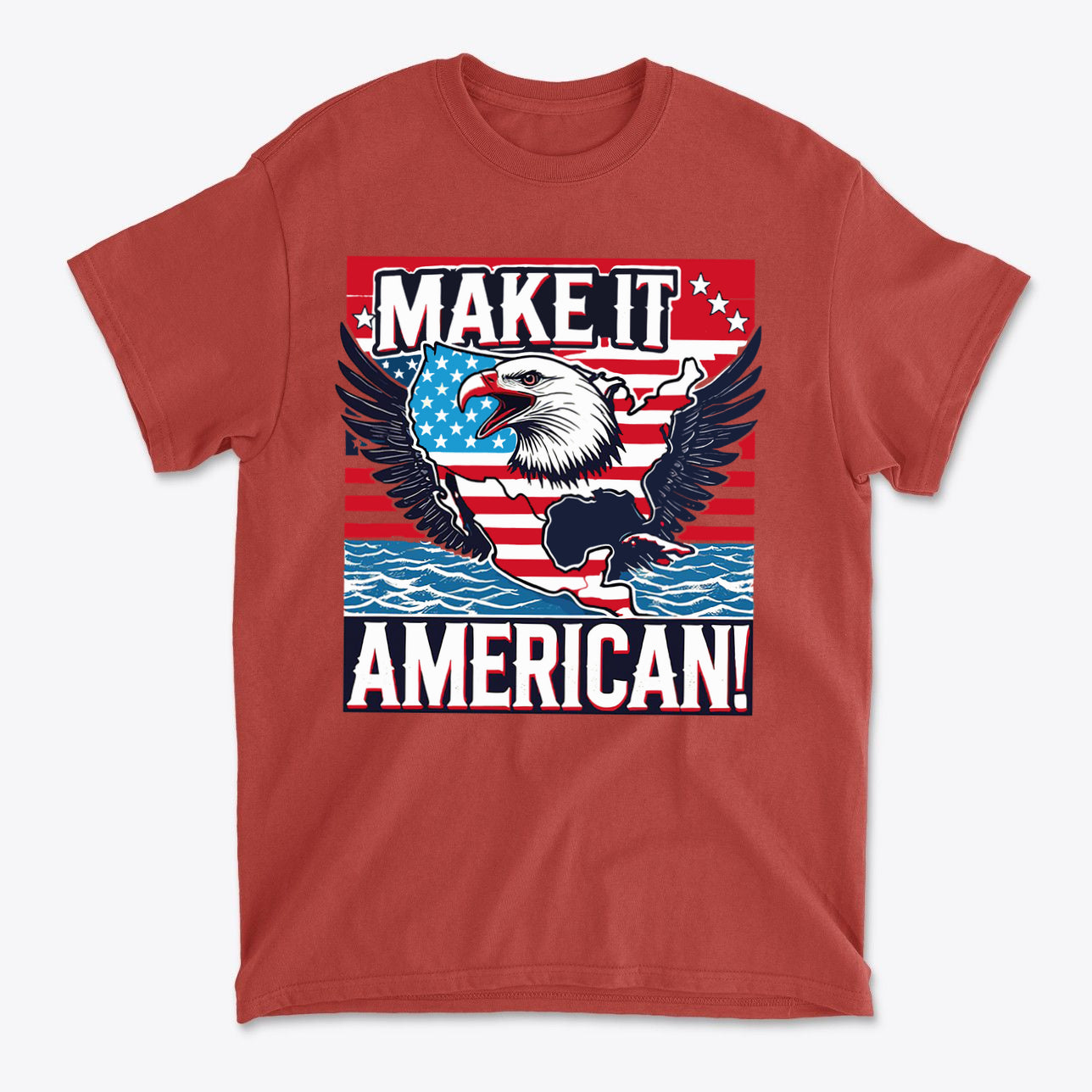 Make It American American Pride Shirt with eagle and patriotic design on a red background.