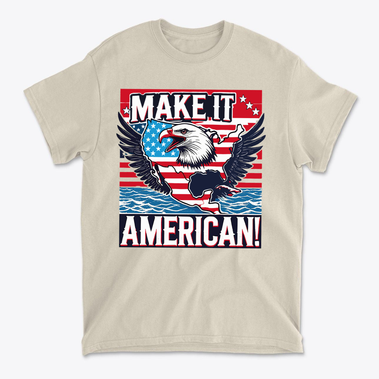 Make It American American Pride Shirt featuring an eagle with stars and stripes design on a beige background.