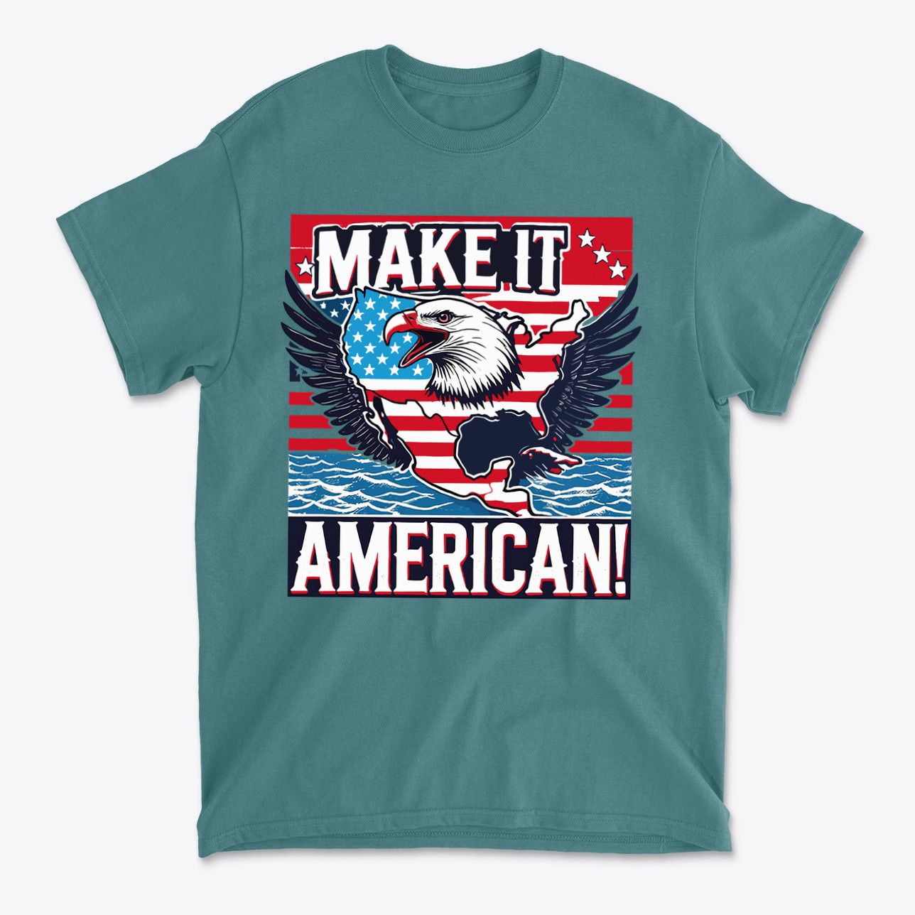 Make It American American Pride Shirt featuring an eagle, American flag design, and bold text.