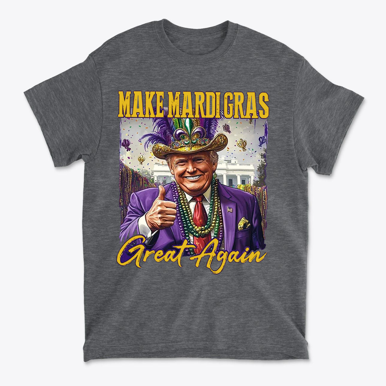 Make Mardi Gras Great Again Party Shirt featuring a smiling man in festive attire with beads and a hat.