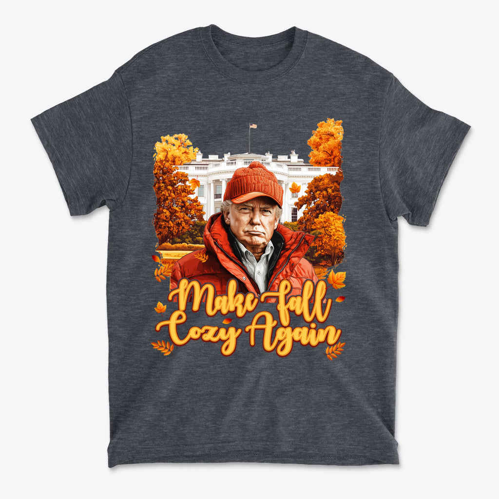 Make Fall Cozy Again Seasonal Shirt featuring a man in autumn attire with a vibrant fall backdrop.