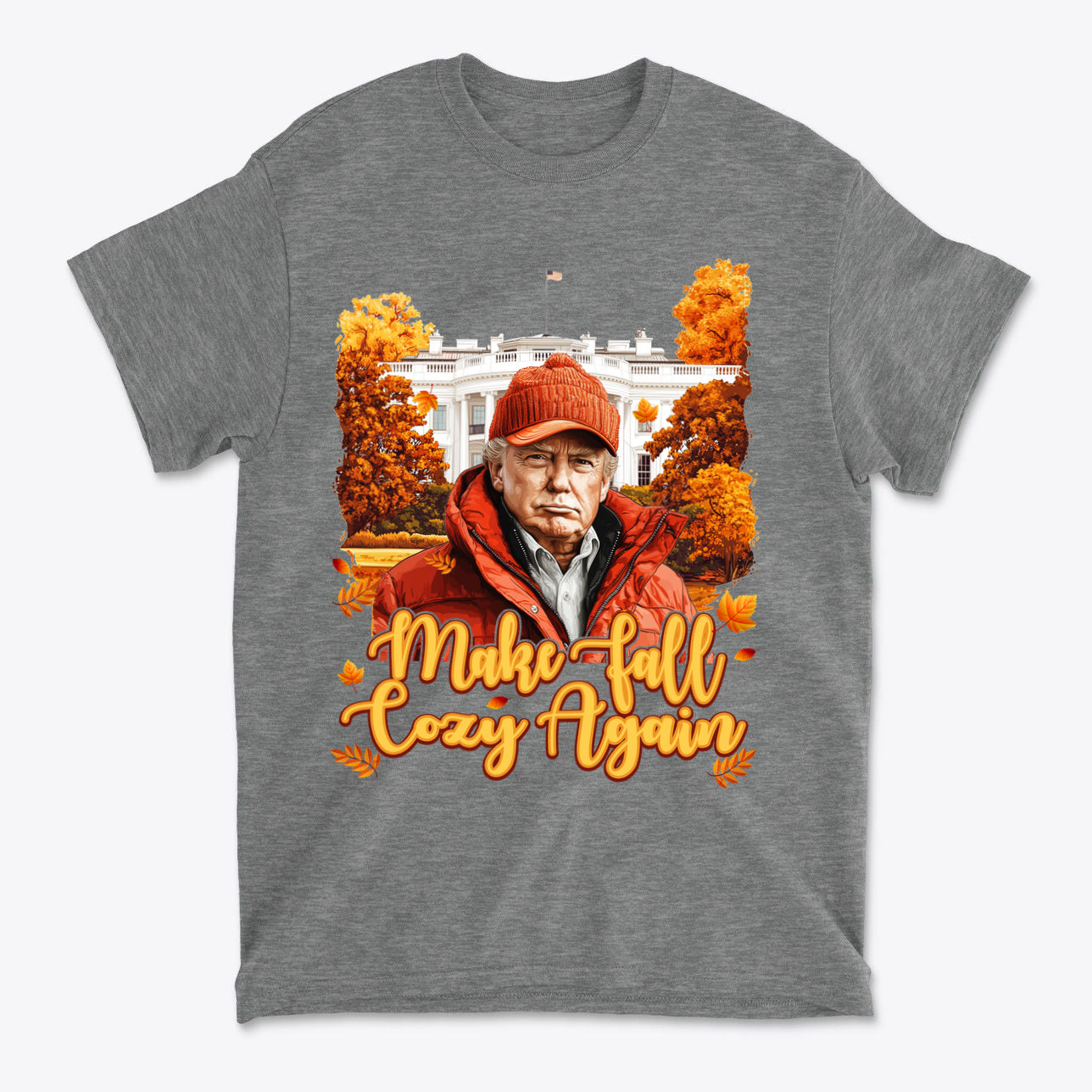 Make Fall Cozy Again Seasonal Shirt featuring autumn graphics and a person against a colorful fall backdrop.