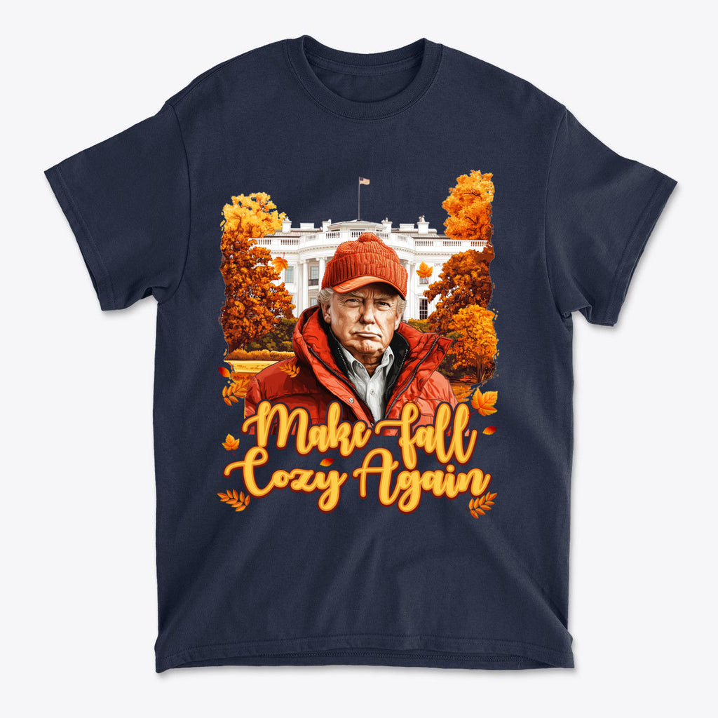 Make Fall Cozy Again Seasonal Shirt featuring a man in a red jacket with autumn trees in the background.
