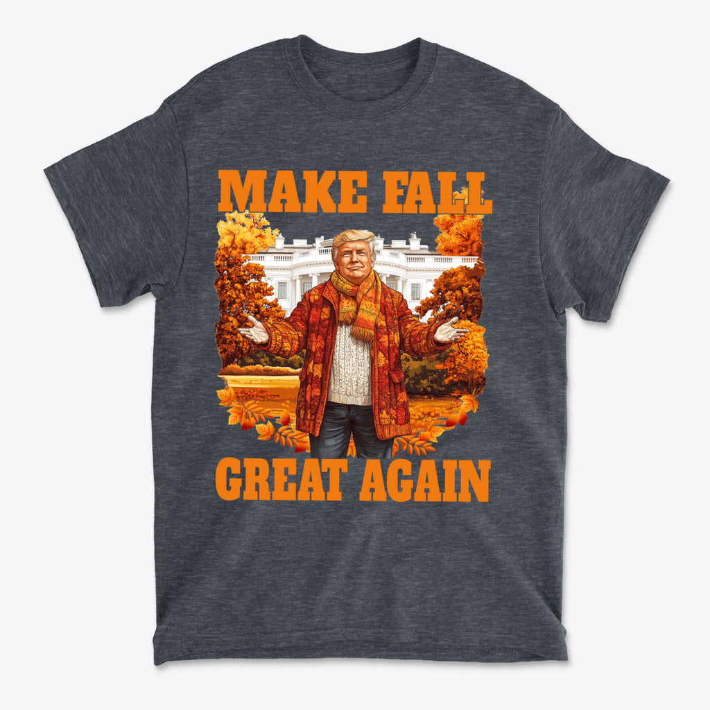 Make Fall Great Again Autumn T Shirt featuring a festive design with autumn colors and playful seasonal imagery.