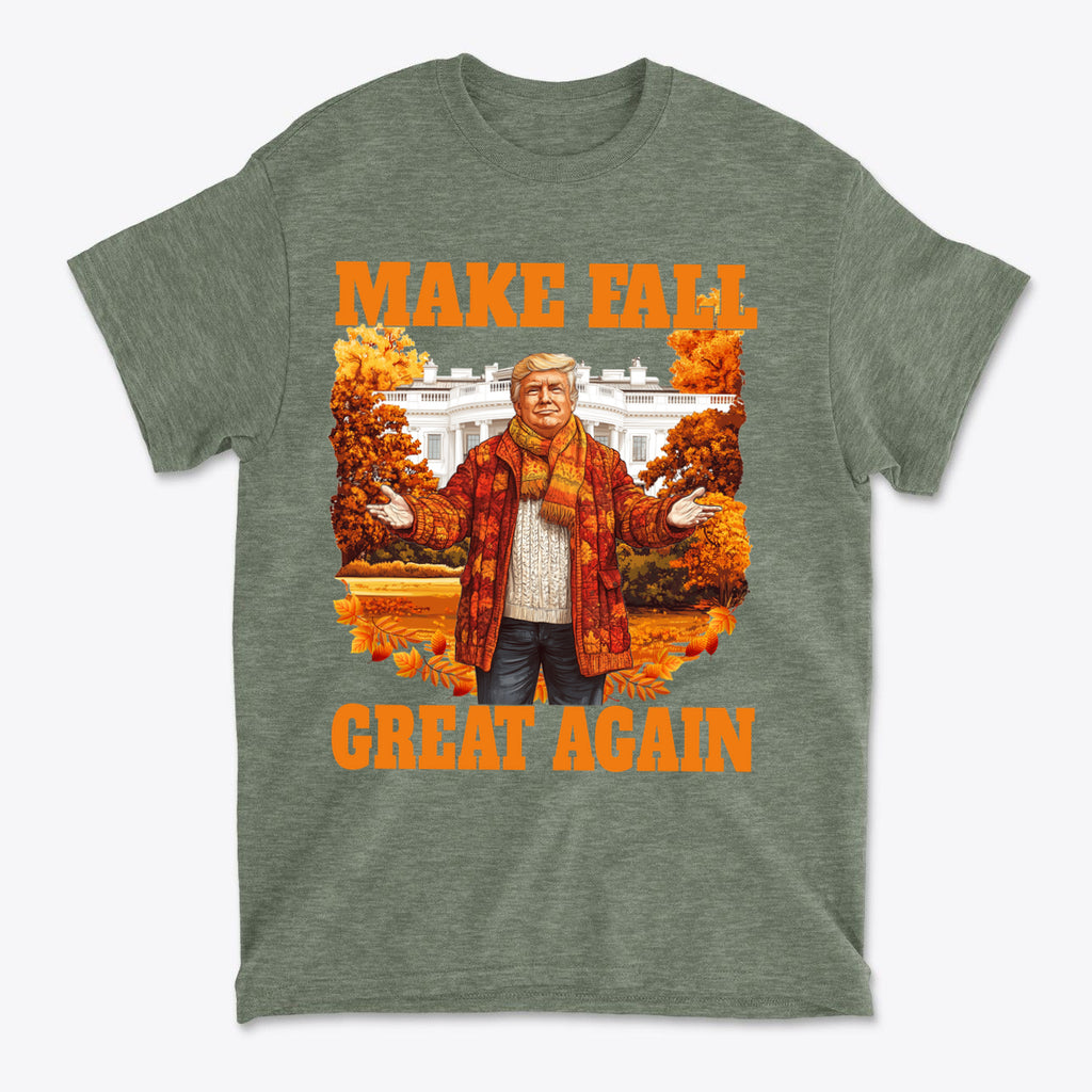 Make Fall Great Again Autumn T Shirt featuring a whimsical autumn design and playful slogan.