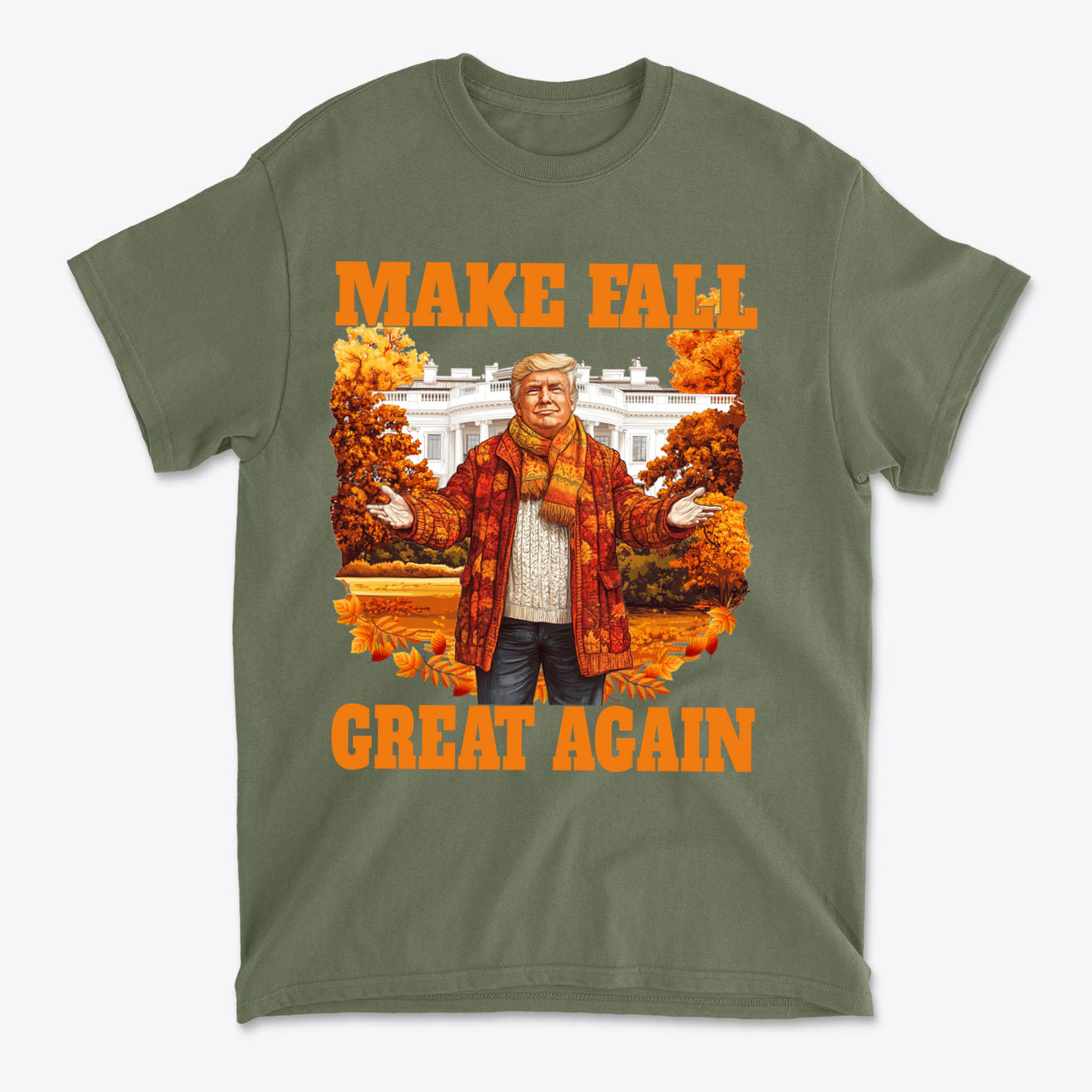 Make Fall Great Again Autumn T Shirt featuring a whimsical autumn design with a character in a seasonal outfit.
