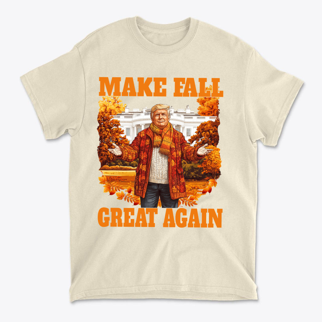 Make Fall Great Again Autumn T Shirt featuring a festive design with autumn colors and playful slogan.